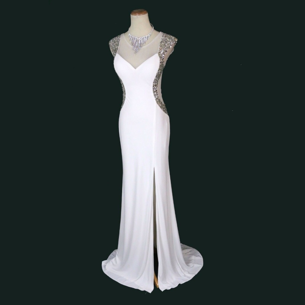 NEW RIVA WHITE Beaded Slit-Skirt See-Through Back